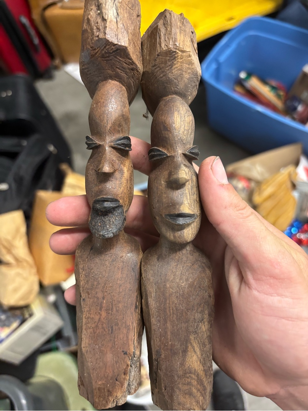 Hand-Carved Tribal People Wood Figurines, Brown Natural Finish, 2-Piece Set